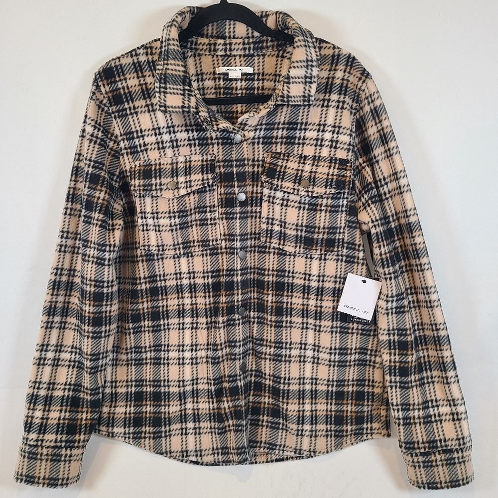 O'Neill Fleece Plaid Shacket Button Up Shirt Jacket L Beige Black New